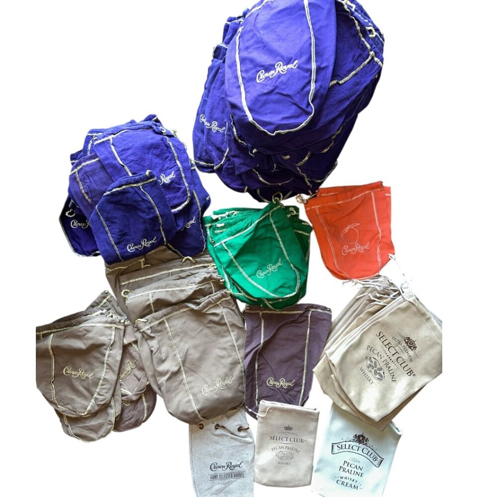 Lot of 123 Crown Royal Assortment Bags & Select Club Pecan Praline Leather Bags